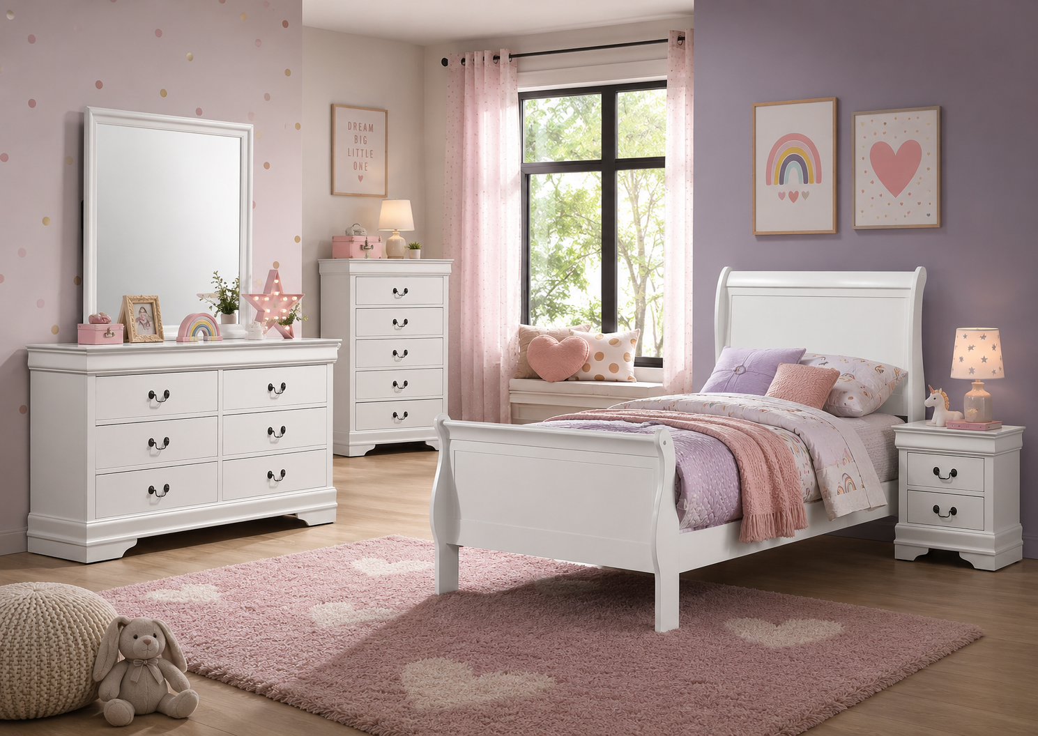 kids bedroom with bright colors showing white twin bed and dresser and mirror and nightstand