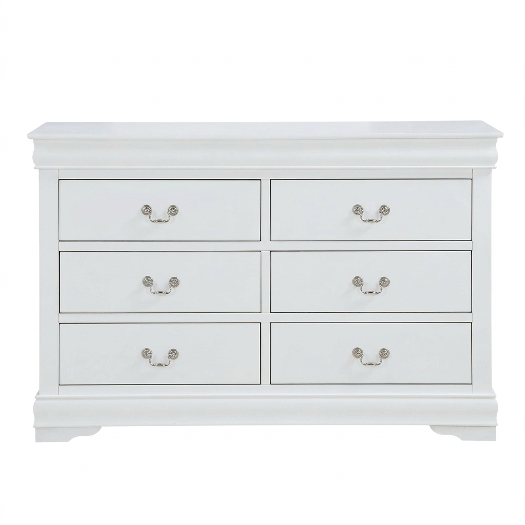 A white six-drawer dresser with silver metal drawer pulls, shown against a plain white background.