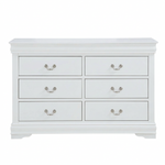 A white six-drawer dresser with silver metal drawer pulls, shown against a plain white background.