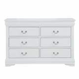 A white six-drawer dresser with silver metal drawer pulls, shown against a plain white background.
