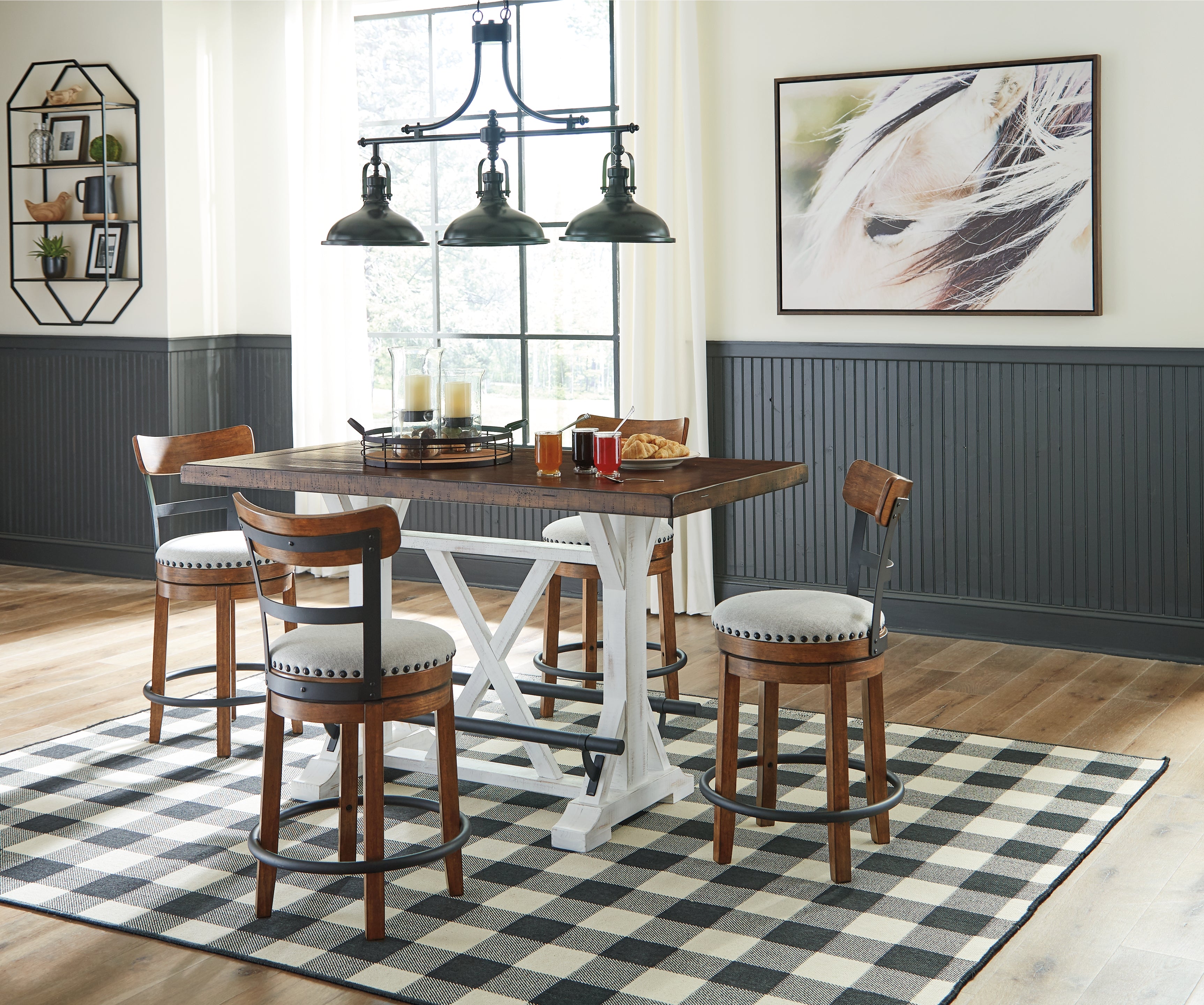 Ashley Furniture - Valebeck 5 Piece Counter Dining Set - White Seats - White|Dark Brown Wood|Fabric|Metal - Dining Room Sets