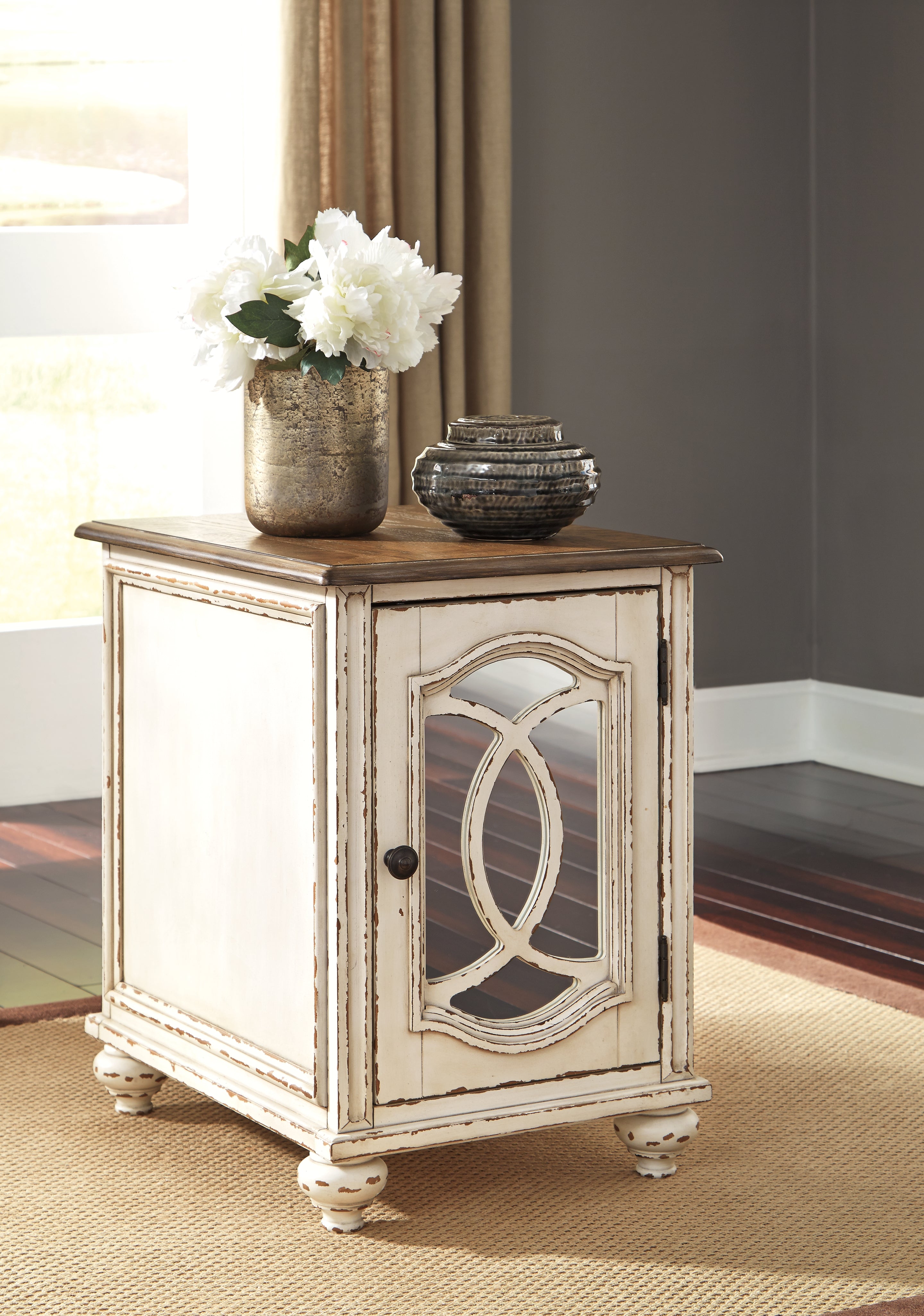 Ashley Furniture - Realyn Chair Side End Table - Insert Mirror - White / Brown - Light Brown Glass|Wood - Tables - Additional View 1