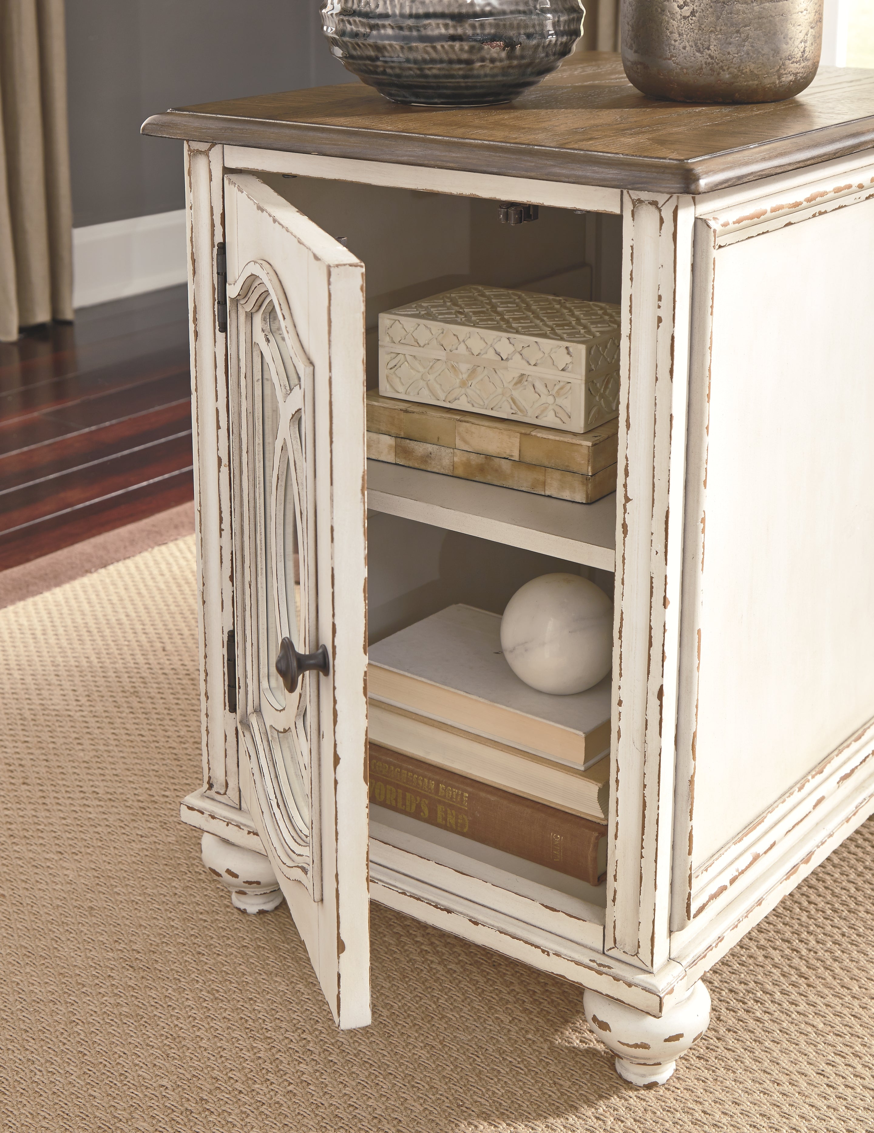 Ashley Furniture - Realyn Chair Side End Table - Insert Mirror - White / Brown - Light Brown Glass|Wood - Tables - Additional View 6
