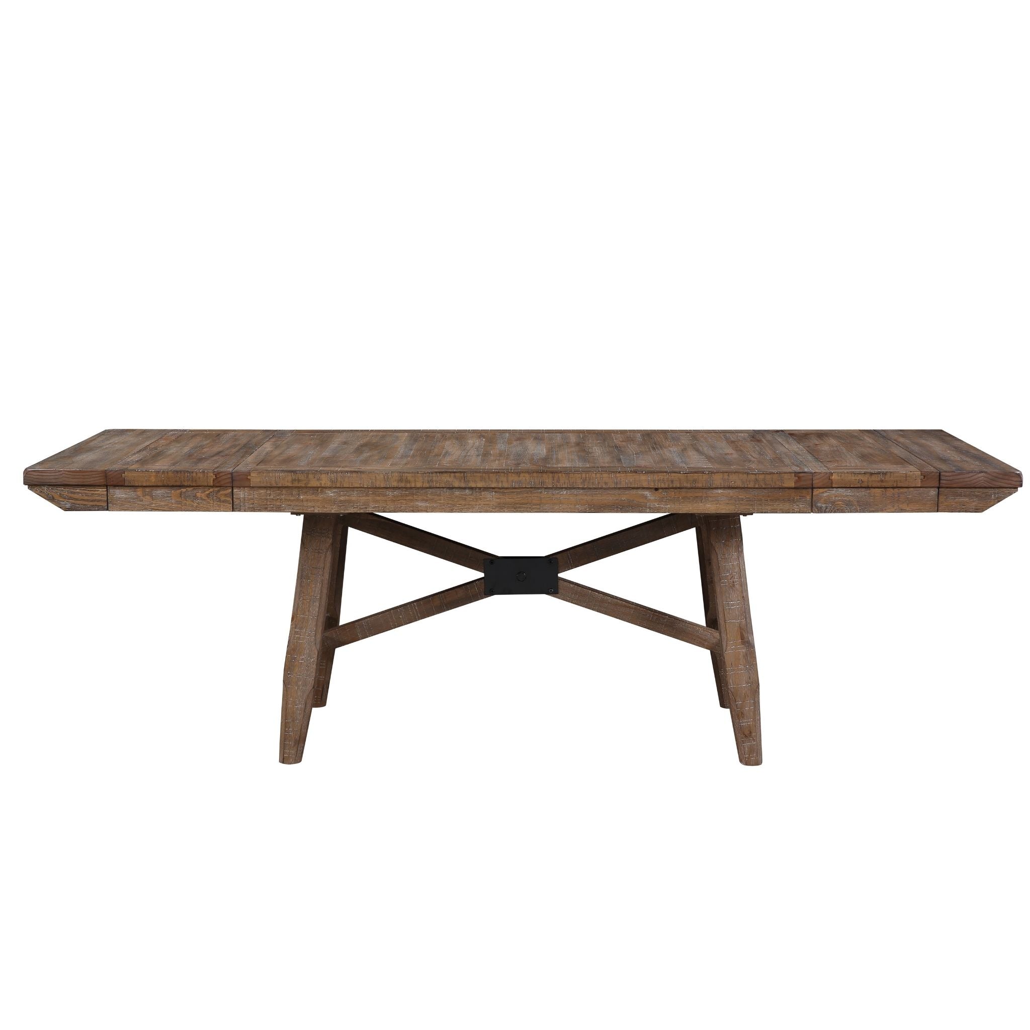 A rustic rectangular wooden dining table with a weathered brown finish and a central black metal X-brace base, shown against a plain white background.