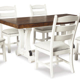 A 7-piece dining room set featuring a rectangular table with a dark brown wood top and white trestle base, surrounded by six white ladder-back chairs with off-white upholstered seats and silver nailhead trim.