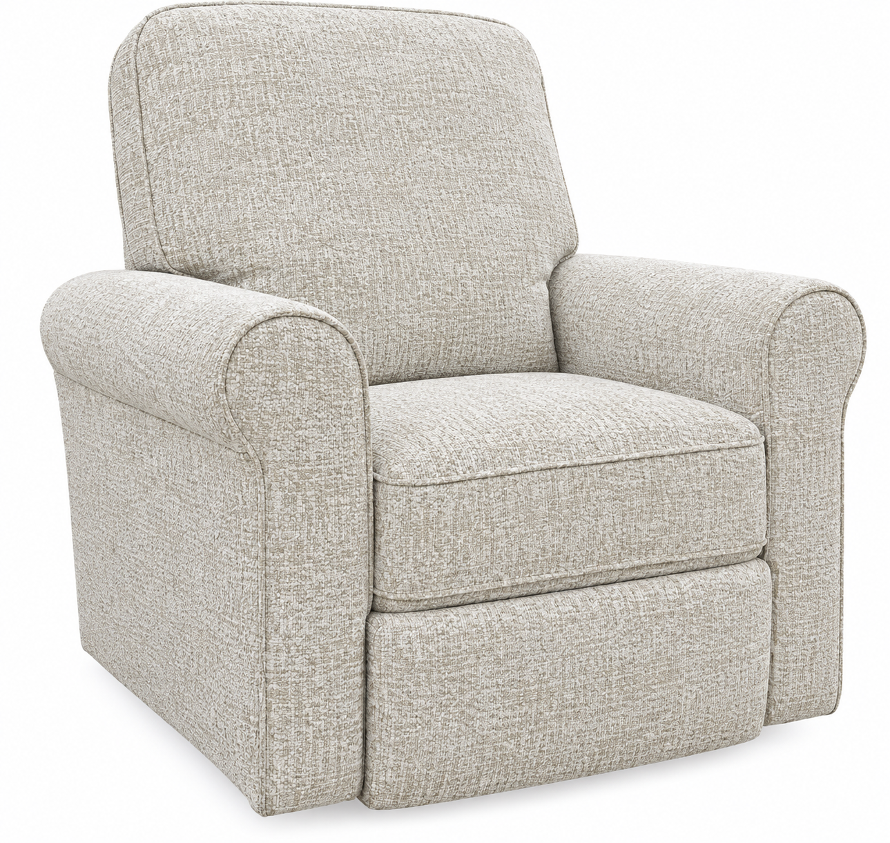 A light beige textured fabric recliner chair with rolled arms and a cushioned seat, shown on a plain white background.