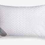 A white textured pillow with a subtle diamond pattern, featuring a gray fabric tag on the lower left corner with the brand name 'Air-X' in teal, set against a clean white background.