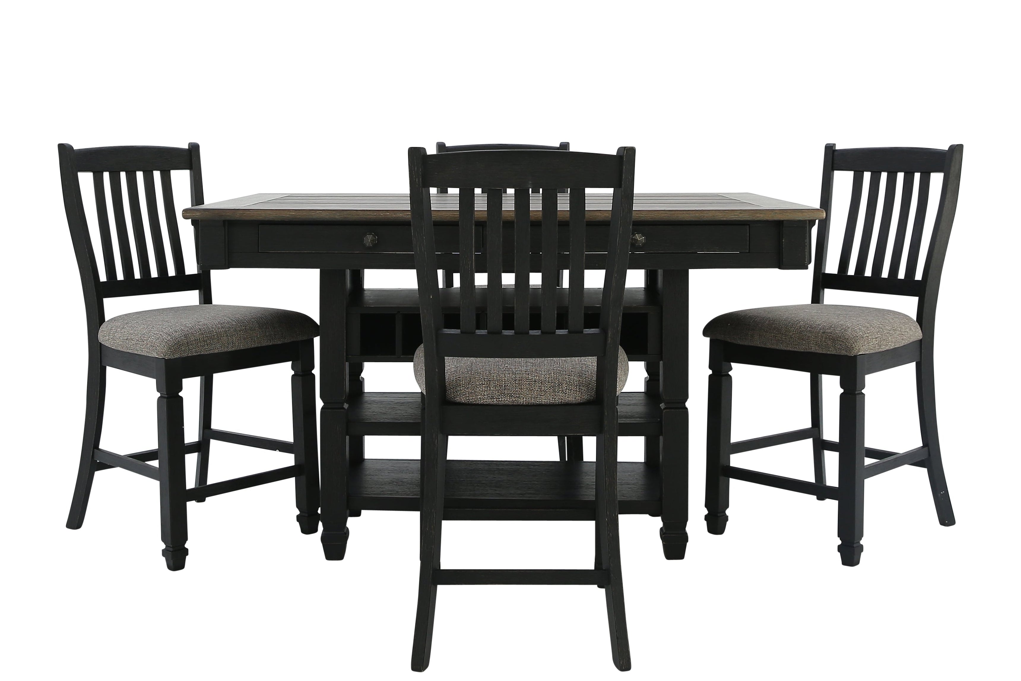 A 5-piece dining set consisting of a rectangular table and four matching chairs, shown against a solid white background. The table and chairs feature a dark black frame with a medium brown wood-grain tabletop and gray upholstered seats.