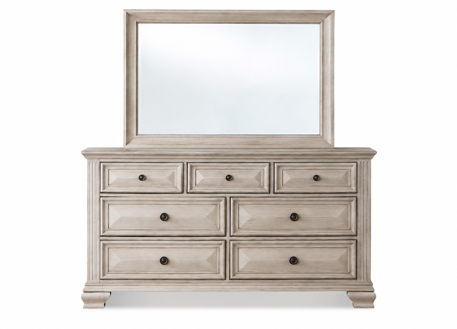 A distressed light gray wood dresser with six drawers and a matching rectangular mirror, shown against a plain white background.