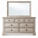 A distressed light gray wood dresser with six drawers and a matching rectangular mirror, shown against a plain white background.