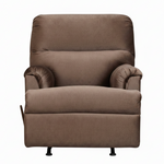 A brown upholstered recliner chair with rolled arms and small black feet, shown against a plain white background.