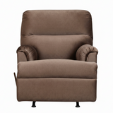 A brown upholstered recliner chair with rolled arms and small black feet, shown against a plain white background.