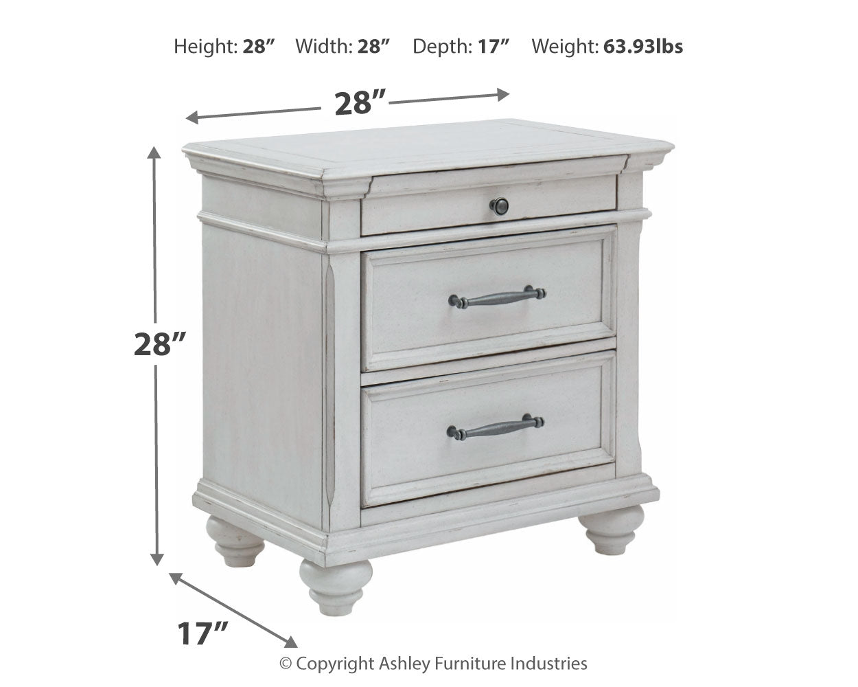 Ashley Furniture - KANWYN 3 DRAWER NIGHTSTAND - White Wood - Nightstands - Additional View 3