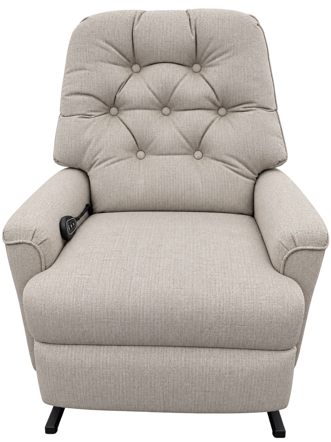 A light beige upholstered power lift recliner chair with a high tufted backrest, wide armrests, and black legs, shown against a plain white background.
