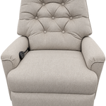 A light beige upholstered power lift recliner chair with a high tufted backrest, wide armrests, and black legs, shown against a plain white background.