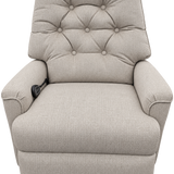 A light beige upholstered power lift recliner chair with a high tufted backrest, wide armrests, and black legs, shown against a plain white background.