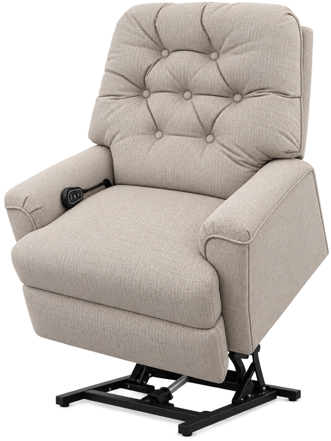 A beige upholstered power lift recliner chair with a tufted backrest, padded armrests, and a black metal lift base, shown on a plain white background.
