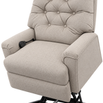 A beige upholstered power lift recliner chair with a tufted backrest, padded armrests, and a black metal lift base, shown on a plain white background.