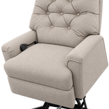 A beige upholstered power lift recliner chair with a tufted backrest, padded armrests, and a black metal lift base, shown on a plain white background.