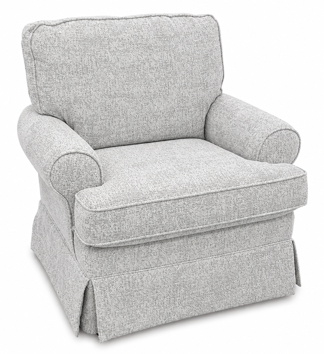 A light gray upholstered armchair with a skirted base, photographed on a clean white background.