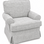 A light gray upholstered armchair with a skirted base, photographed on a clean white background.