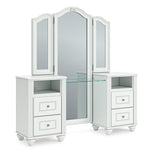 White vanity with a mirror on a white background