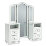 White vanity with a mirror on a white background