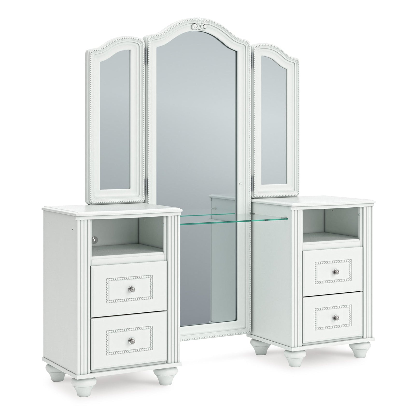 White vanity with a mirror on a white background