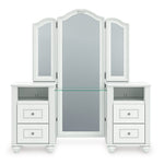 A white three-panel vanity mirror set with three drawers on each side and a glass shelf divider, shown on a plain white background.
