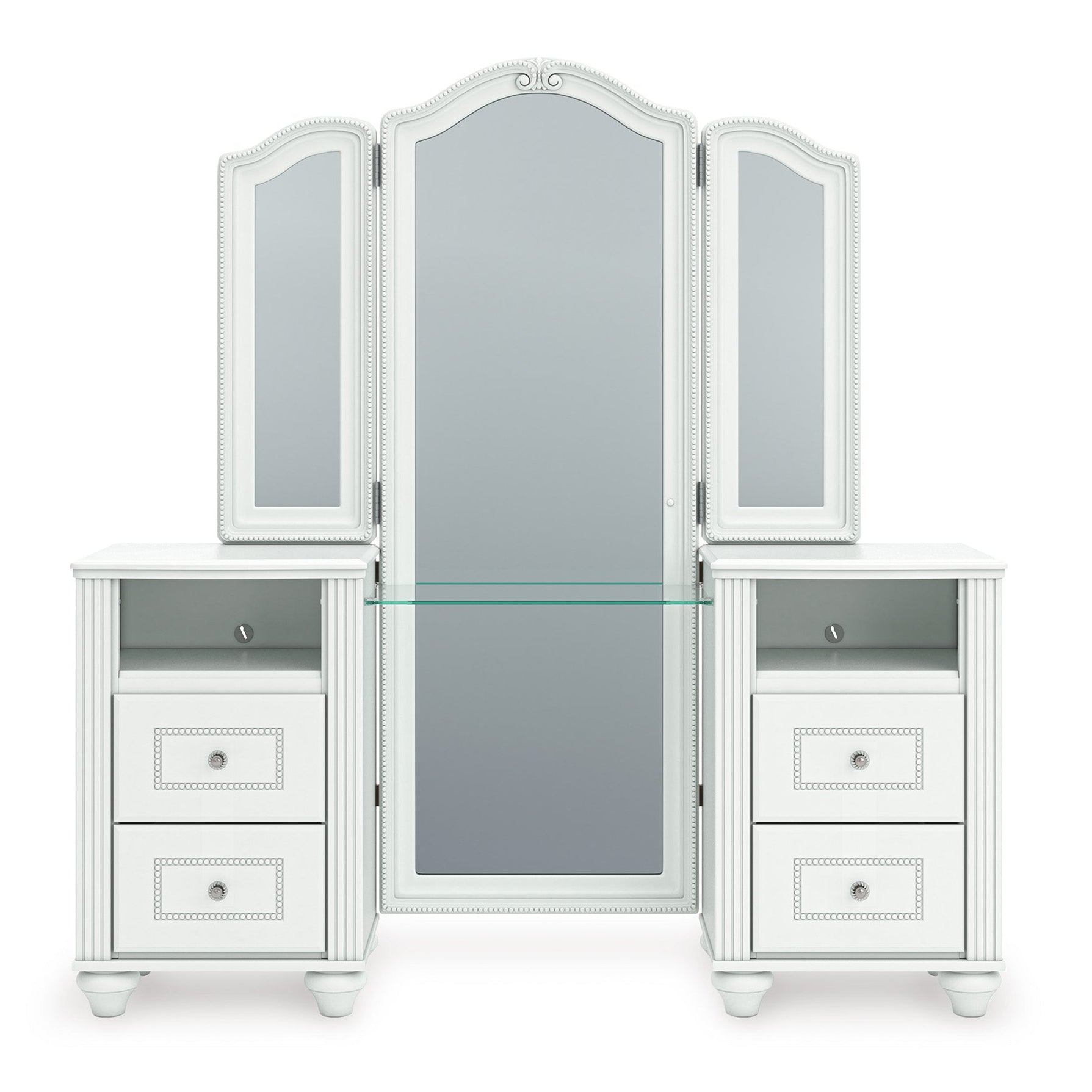 A white three-panel vanity mirror set with three drawers on each side and a glass shelf divider, shown on a plain white background.