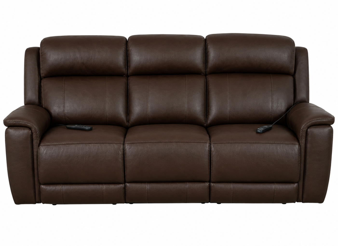 A three-seat power reclining sofa upholstered in dark brown leather, shown from a front-facing perspective against a plain white background.