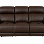 A three-seat power reclining sofa upholstered in dark brown leather, shown from a front-facing perspective against a plain white background.