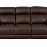 A three-seat power reclining sofa upholstered in dark brown leather, shown from a front-facing perspective against a plain white background.
