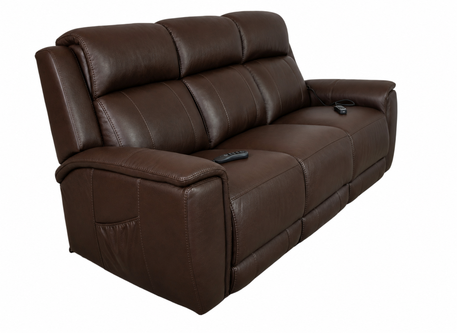 A three-seat power reclining loveseat sofa upholstered in dark brown leather, shown from a three-quarter angle against a plain white background.