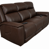 A three-seat power reclining loveseat sofa upholstered in dark brown leather, shown from a three-quarter angle against a plain white background.