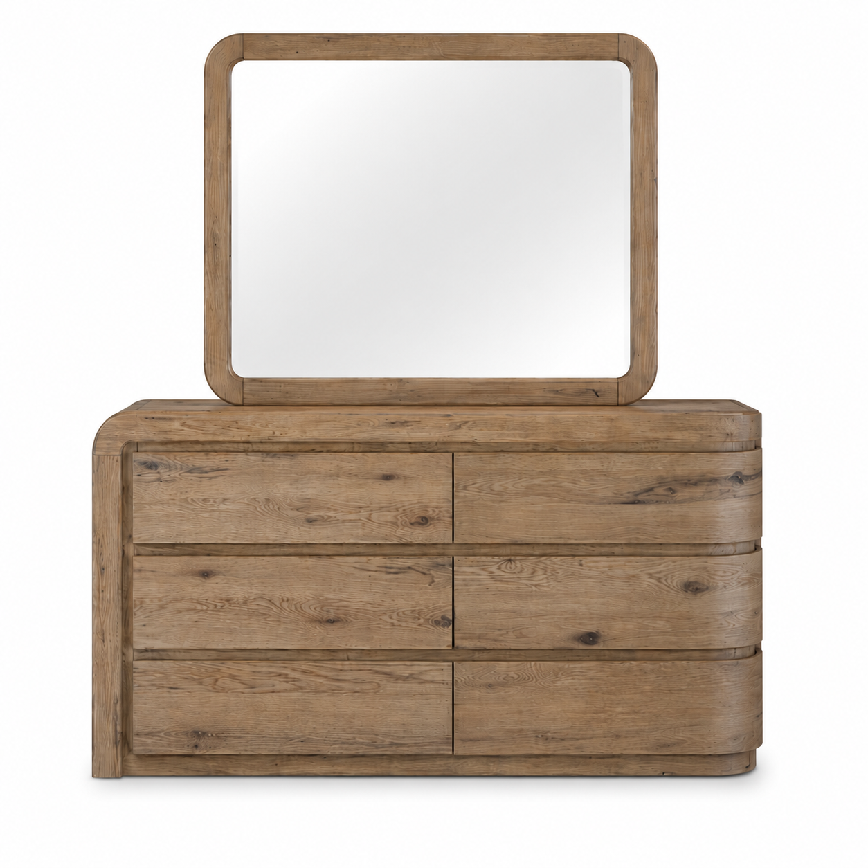 A rustic brown wood dresser with six drawers and a matching rectangular mirror, shown against a plain white background.