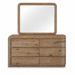 A rustic brown wood dresser with six drawers and a matching rectangular mirror, shown against a plain white background.
