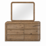 A rustic brown wood dresser with six drawers and a matching rectangular mirror, shown against a plain white background.