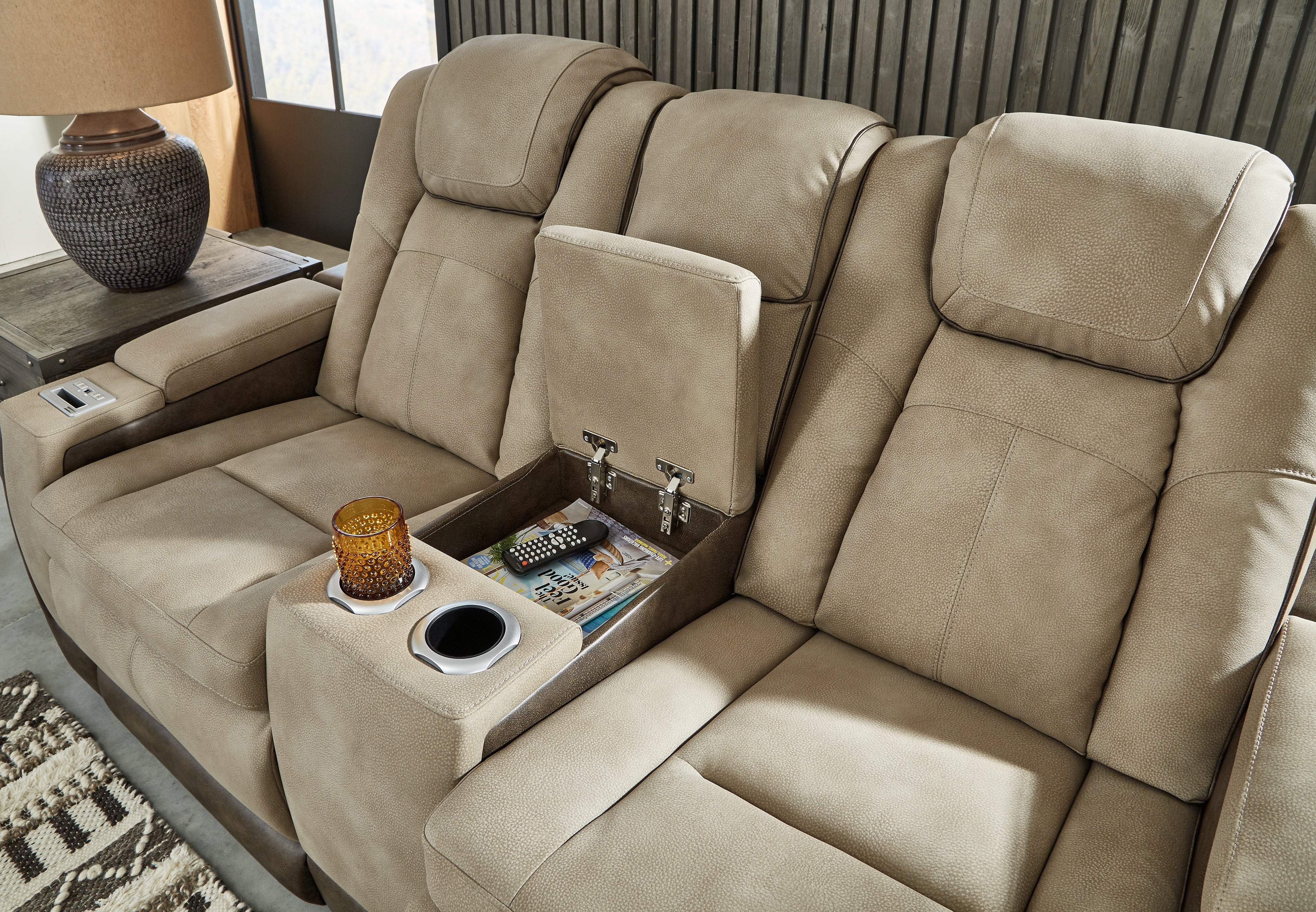 Ashley Furniture - Next-Gen Power Loveseat With Console - Sand - Beige Faux Leather - Loveseats - Additional View 5