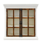 A small white cabinet with two rustic brown wood-paneled doors and black metal hinges, shown against a plain white background.