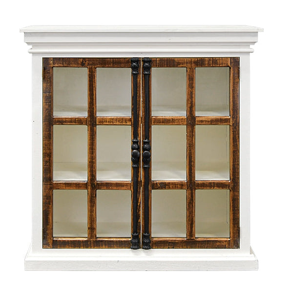 A small white cabinet with two rustic brown wood-paneled doors and black metal hinges, shown against a plain white background.