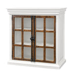 A white wooden cabinet with two glass-paneled doors featuring dark brown wood trim and black metal hardware, shown against a plain white background.
