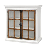 A white wooden cabinet with two glass-paneled doors featuring dark brown wood trim and black metal hardware, shown against a plain white background.