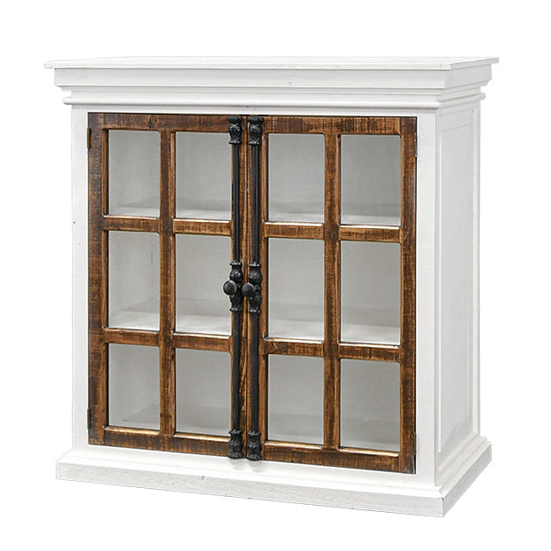 A white wooden cabinet with two glass-paneled doors featuring dark brown wood trim and black metal hardware, shown against a plain white background.