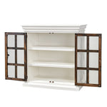 A white wooden sideboard cabinet with two doors shown open, featuring dark brown wood frames with six-pane window-style glass panels and three interior shelves.