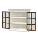 A white wooden sideboard cabinet with two doors shown open, featuring dark brown wood frames with six-pane window-style glass panels and three interior shelves.