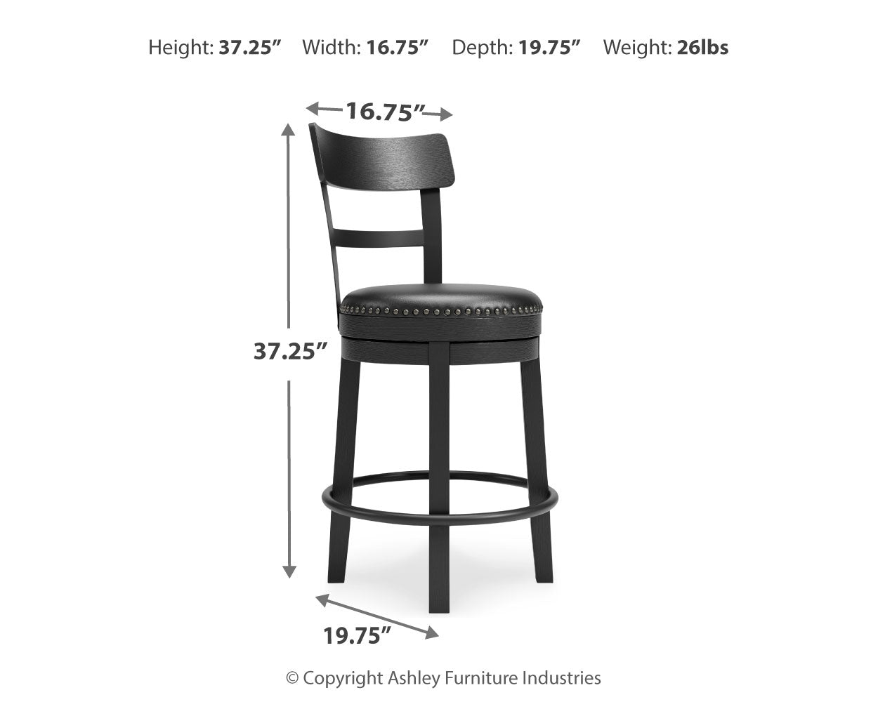 Ashley Furniture - Valebeck 24" Swivel Barstool - Black - Metal|Wood|Leather Match - Stools - Additional View 3