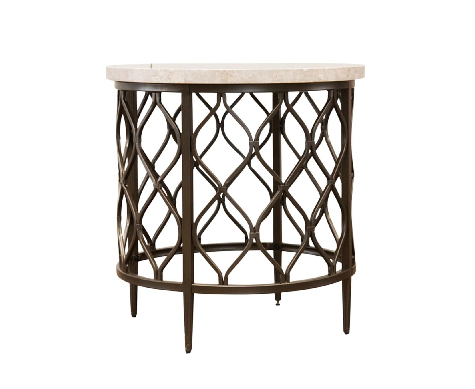 A round accent side table featuring a light beige marble top and a dark bronze metal base with an intricate lattice pattern.