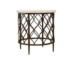 A round accent side table featuring a light beige marble top and a dark bronze metal base with an intricate lattice pattern.