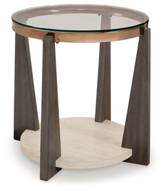 Ashley Furniture - FRAZWA ROUND END TABLE - Dark Gray Glass|Wood - Tables